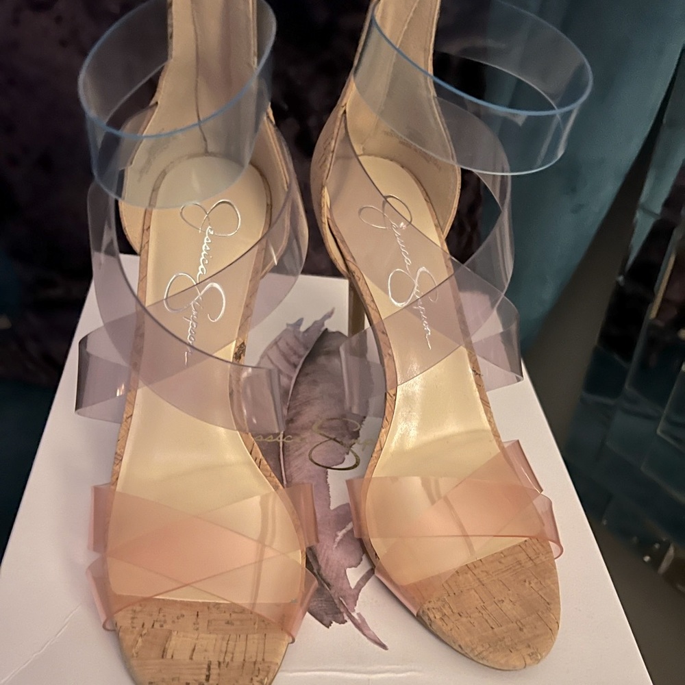 Jessica Simpson Nude Clear Strap Cork Wedge Sandals